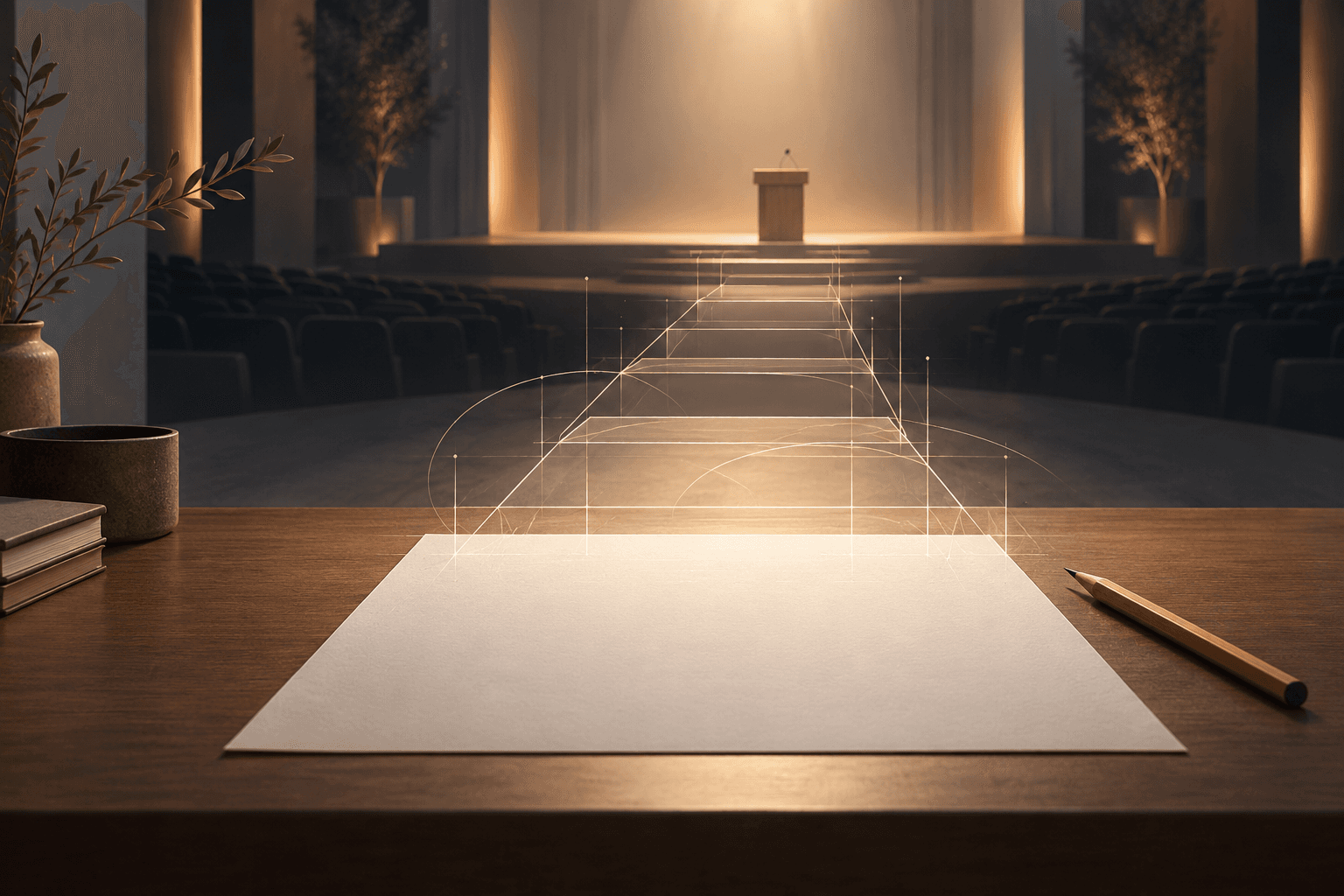 Un foglio bianco da cui prende forma un percorso verso il palco di un auditorium