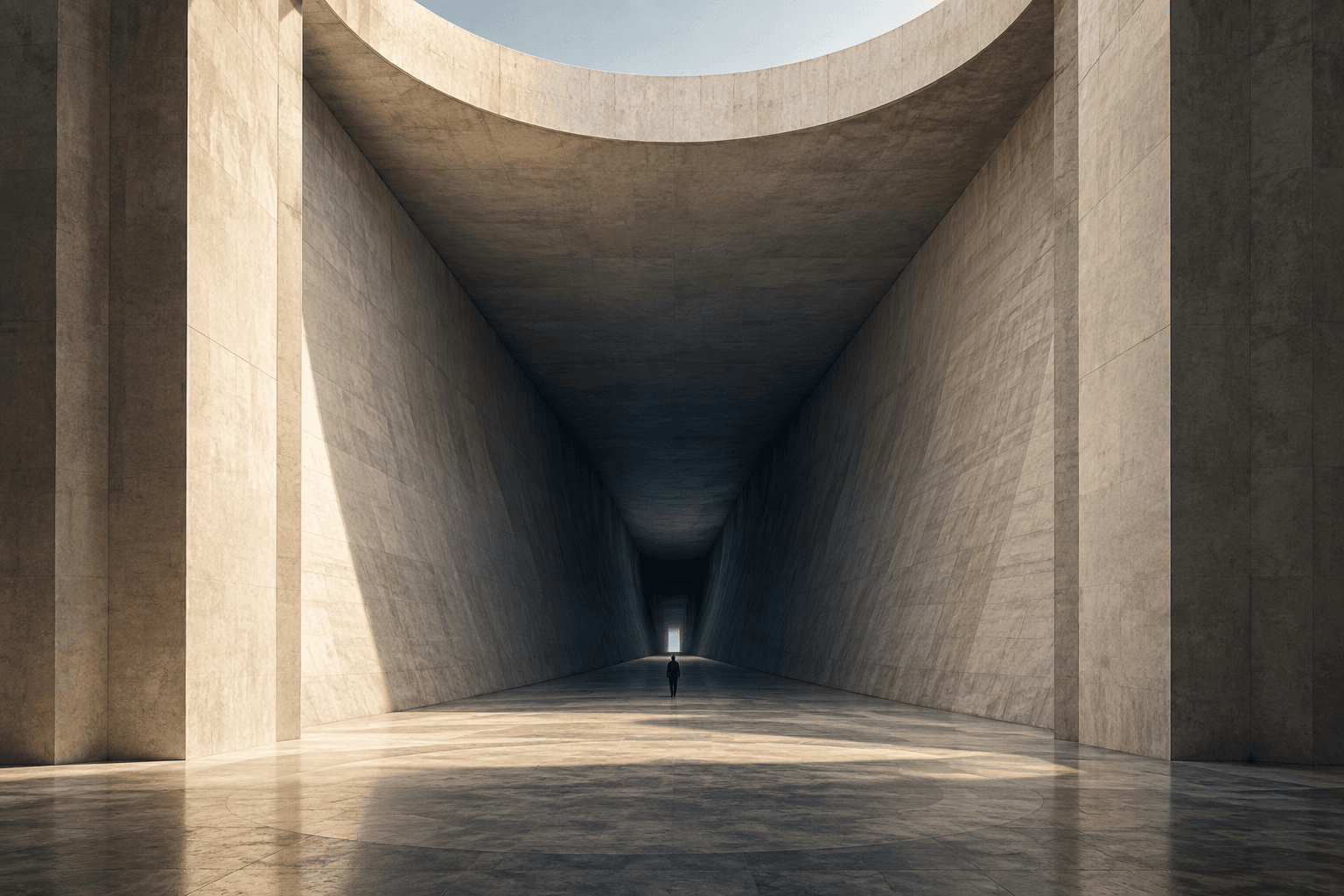 Una persona sola davanti all’ingresso di un lungo tunnel monumentale