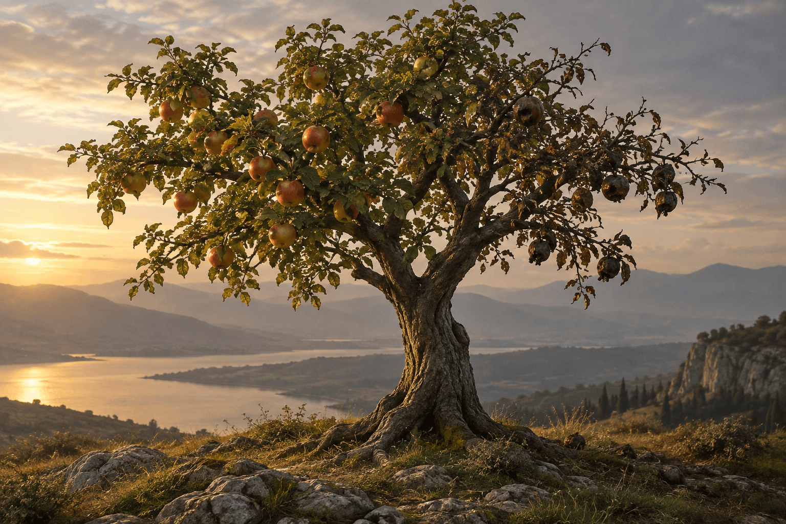 Un albero con frutti maturi e deteriorati affacciato su un paesaggio al tramonto